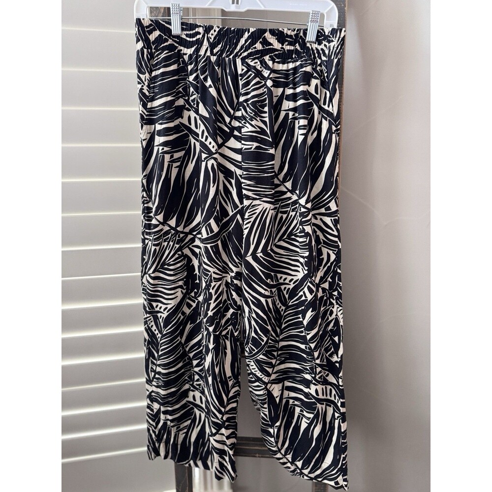 Panama Jack Womens Linen Blend Wide Leg Pants Size SIZE MED Black Ferns on White